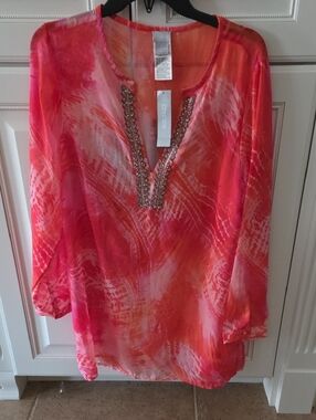 Chico's Pink-Orange Beaded V-Neck Women’s Tunic Blouse